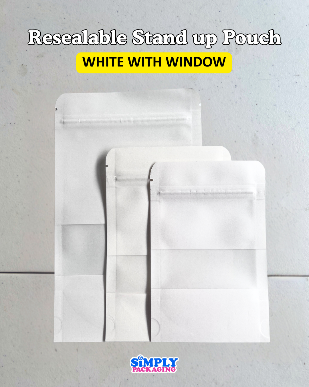 50PCS White Resealable Stand Up Pouch with Window | Simply Packaging