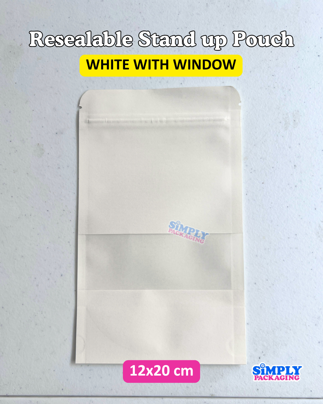 50PCS White Resealable Stand Up Pouch with Window | Simply Packaging