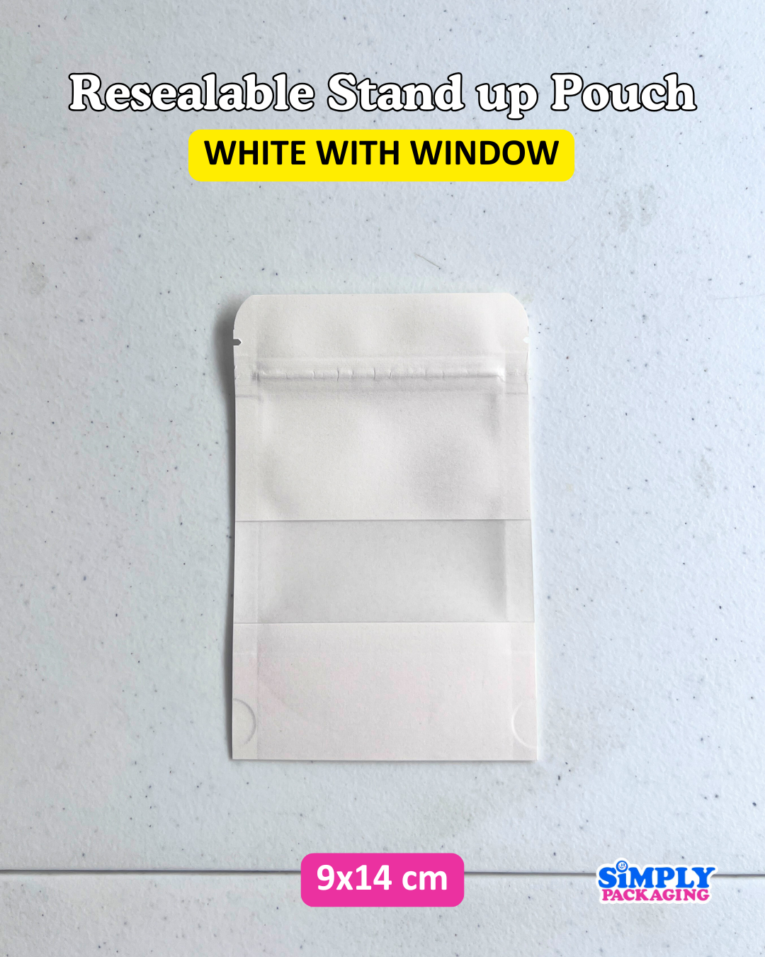 50PCS White Resealable Stand Up Pouch with Window | Simply Packaging