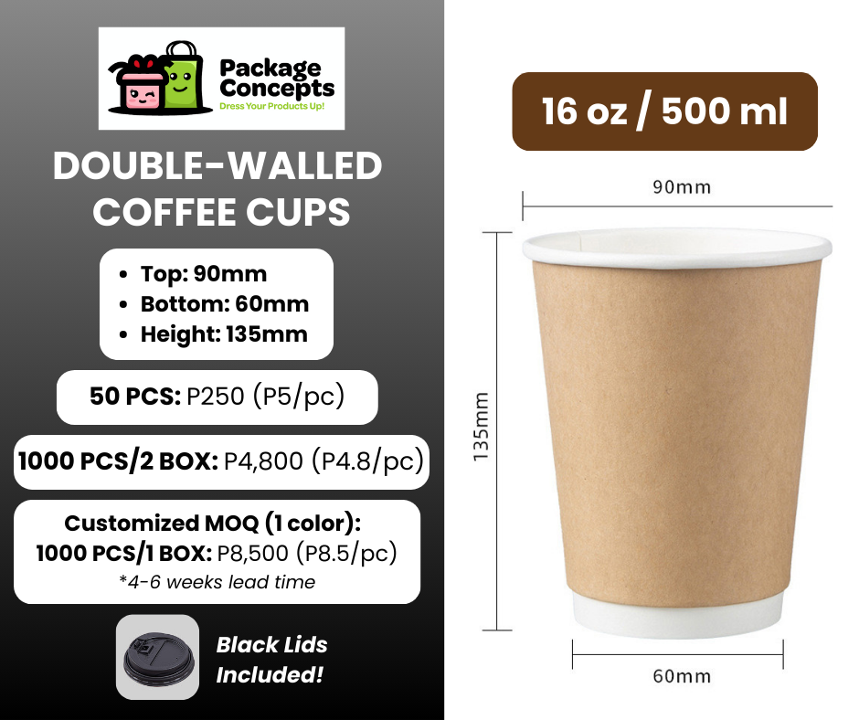 Double-Walled Kraft Coffee Cups with Black Lid | For Coffee, Matcha, Juice