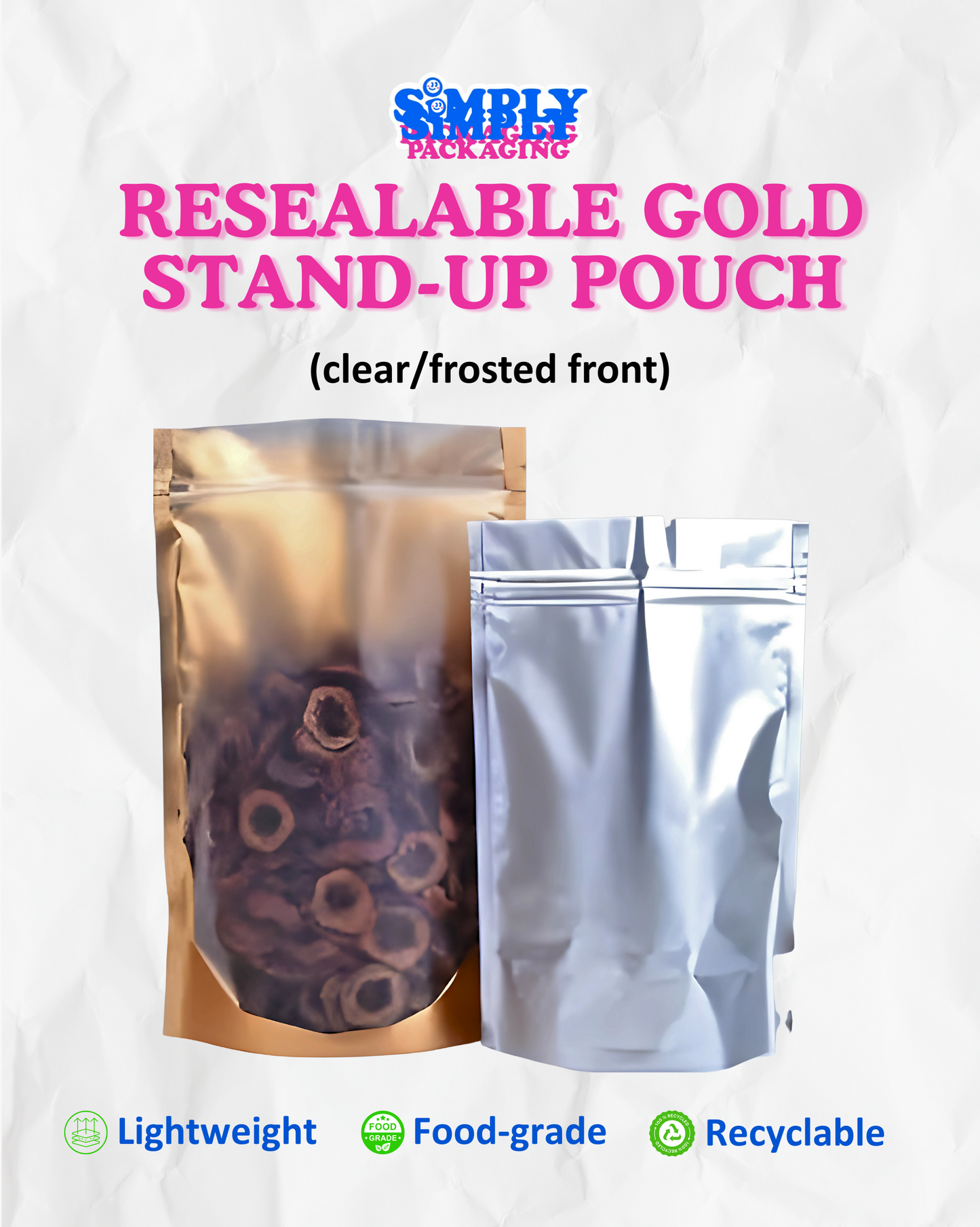 100PCS Gold Resealable Stand Up Pouch | Simply Packaging