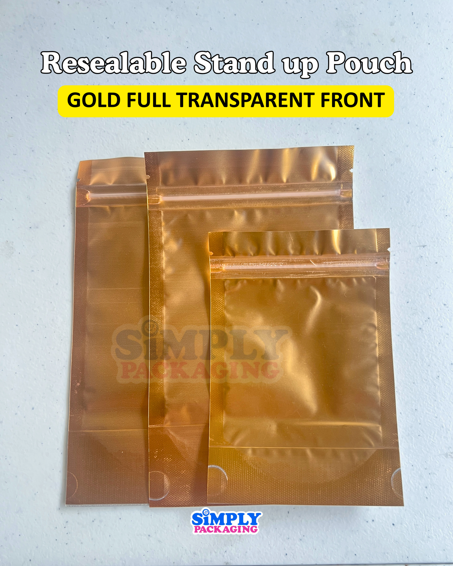 100PCS Gold Resealable Stand Up Pouch | Simply Packaging