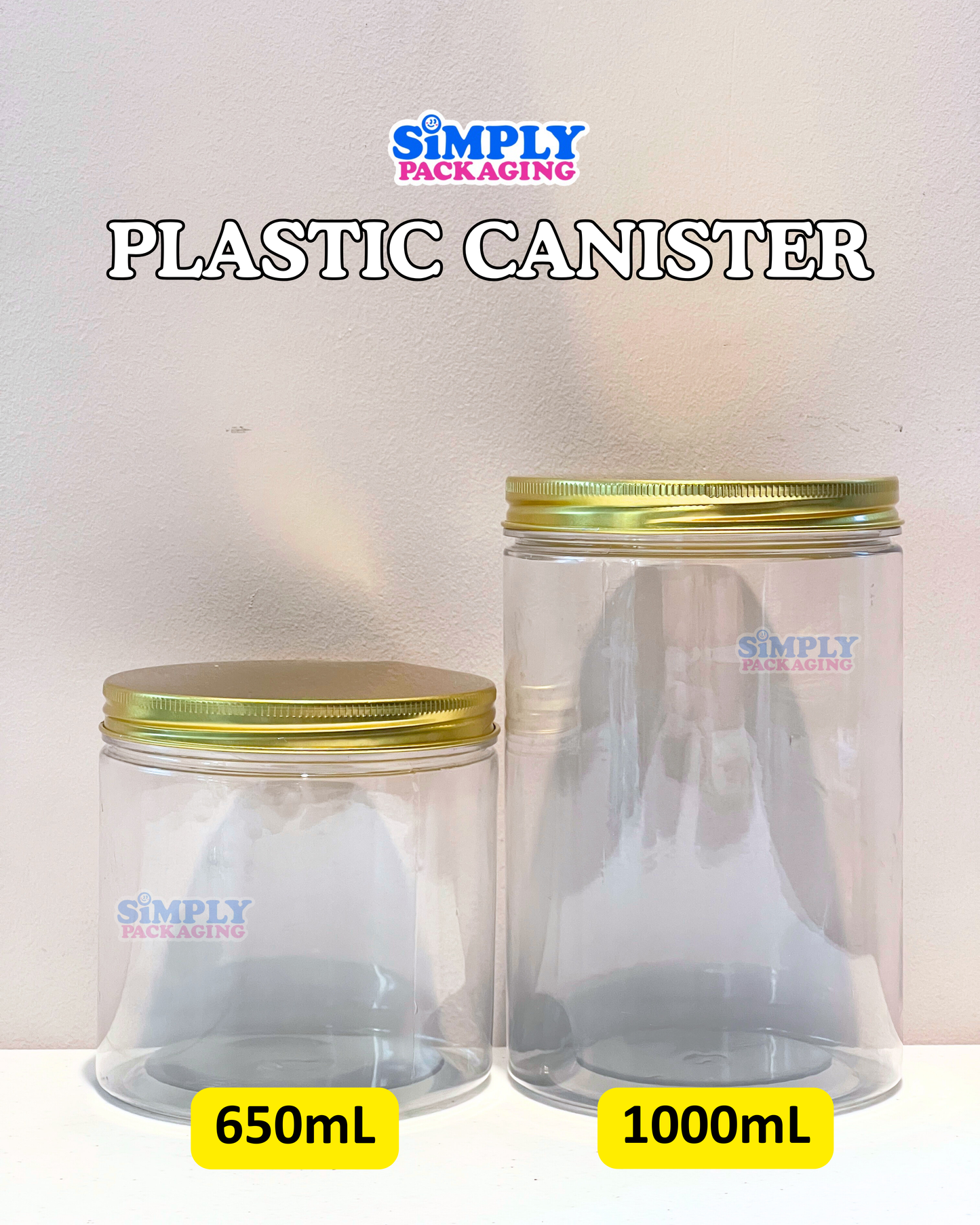 Plastic Canister with Gold Aluminum Lid | Simply Packaging