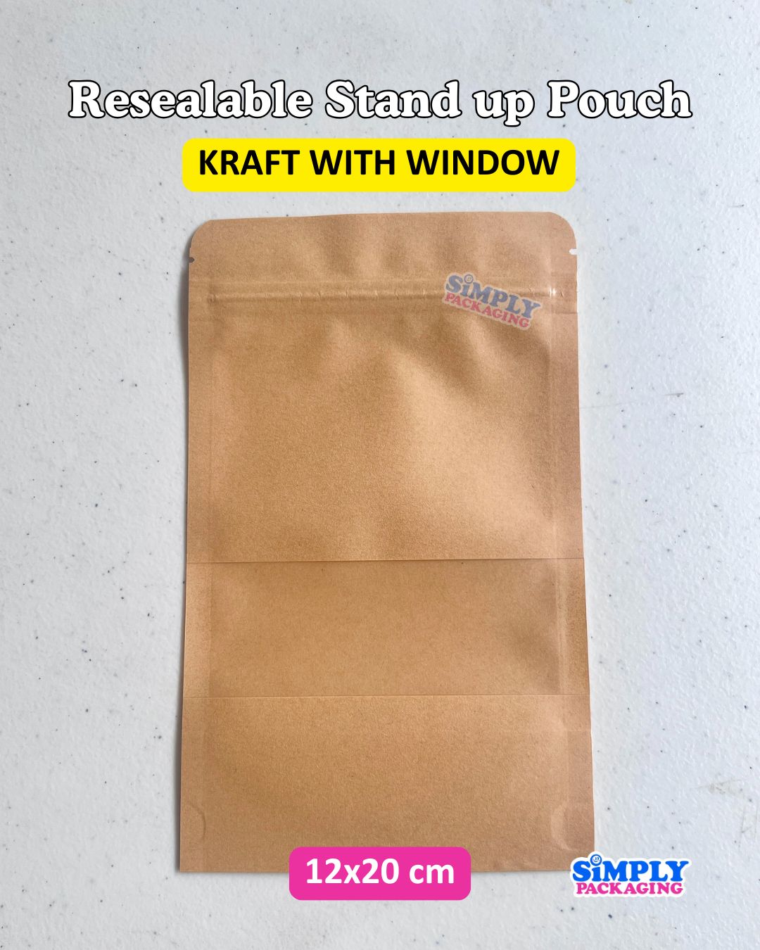 50PCS Kraft Resealable Stand Up Pouch with Window | Simply Packaging