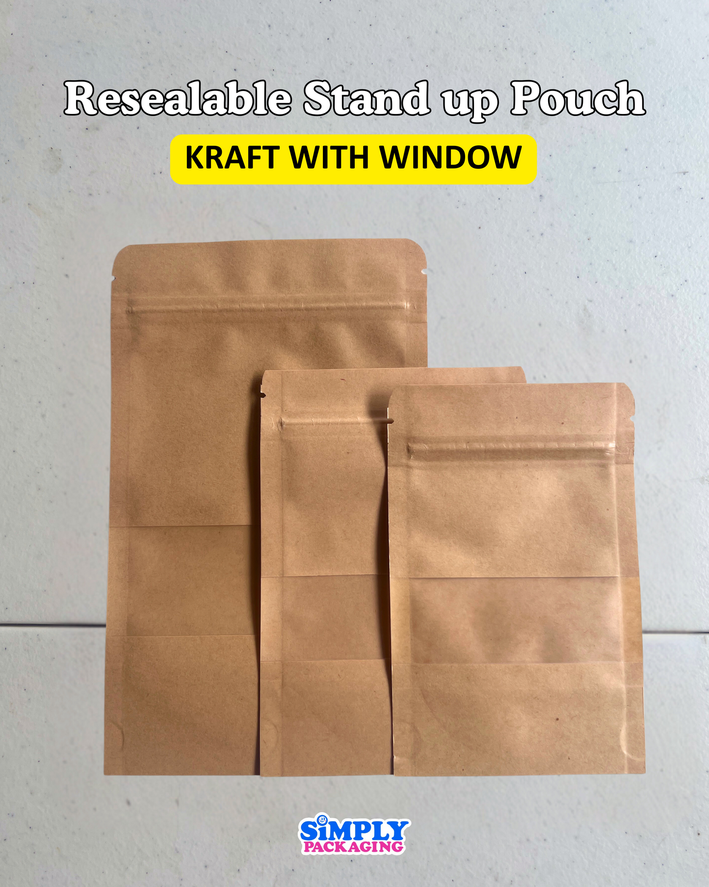 50PCS Kraft Resealable Stand Up Pouch with Window | Simply Packaging
