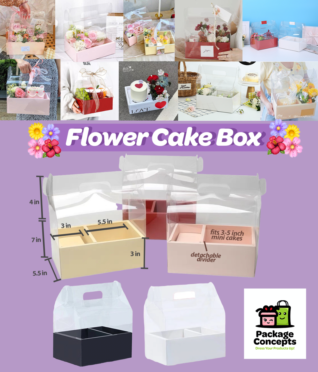 Flower Cake Box | Acetate Gable Box w/ Handle