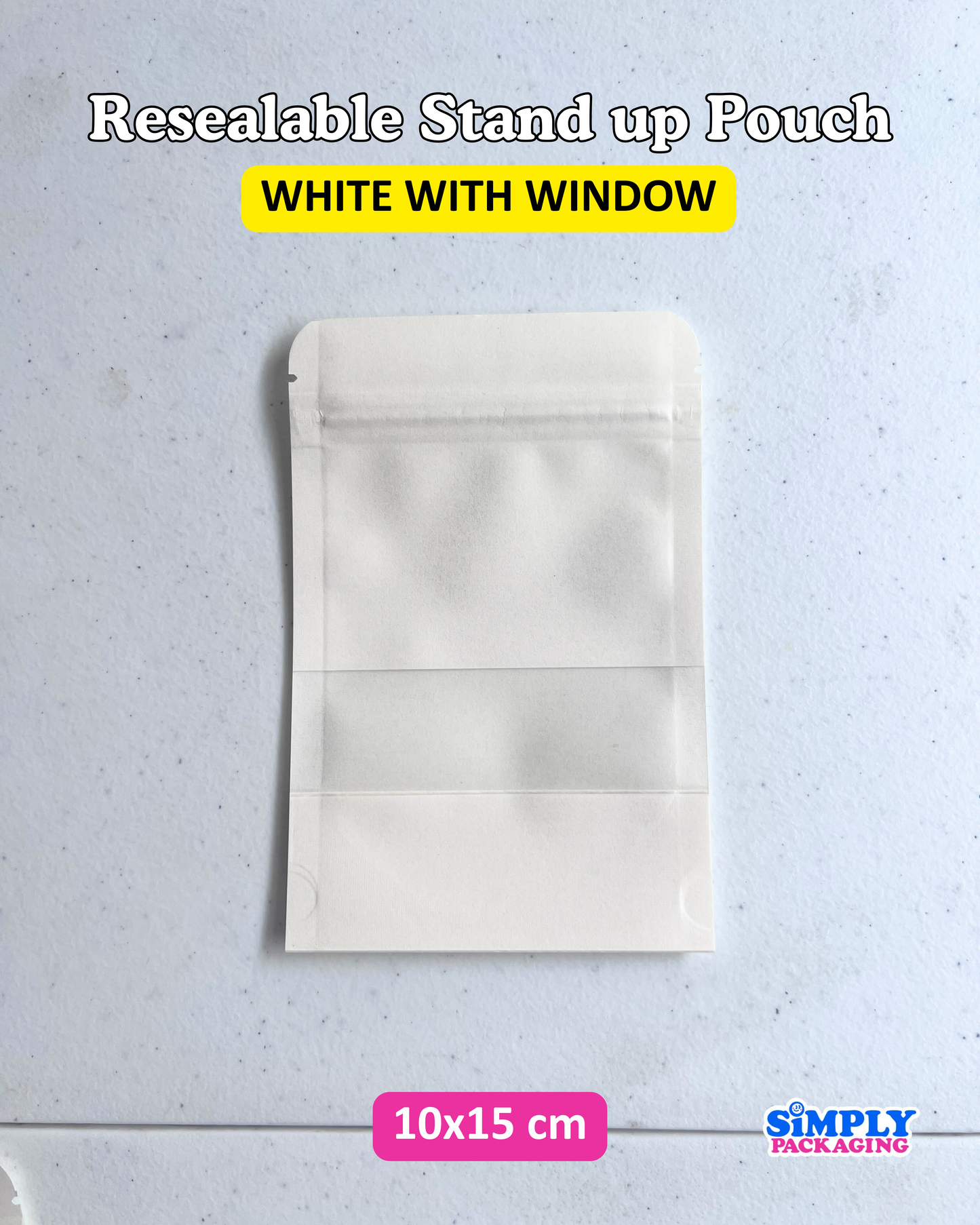 50PCS White Resealable Stand Up Pouch with Window | Simply Packaging