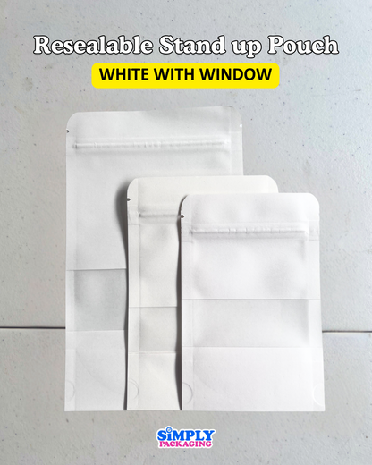 50PCS White Resealable Stand Up Pouch with Window | Simply Packaging