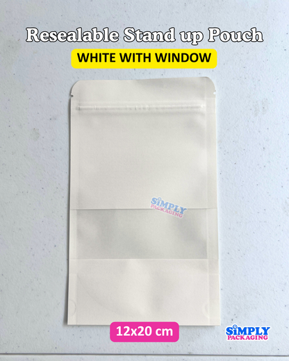 50PCS White Resealable Stand Up Pouch with Window | Simply Packaging