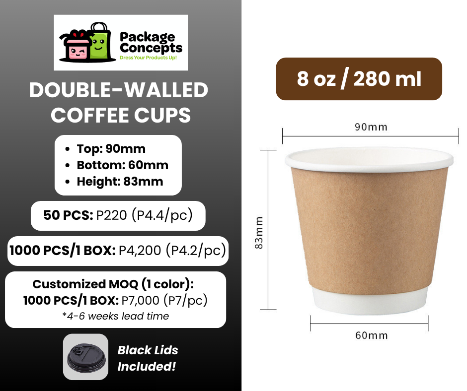 Double-Walled Kraft Coffee Cups with Black Lid | For Coffee, Matcha, Juice