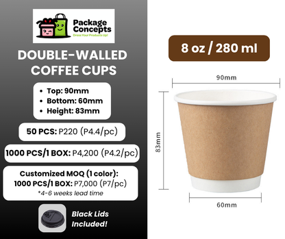 Double-Walled Kraft Coffee Cups with Black Lid | For Coffee, Matcha, Juice