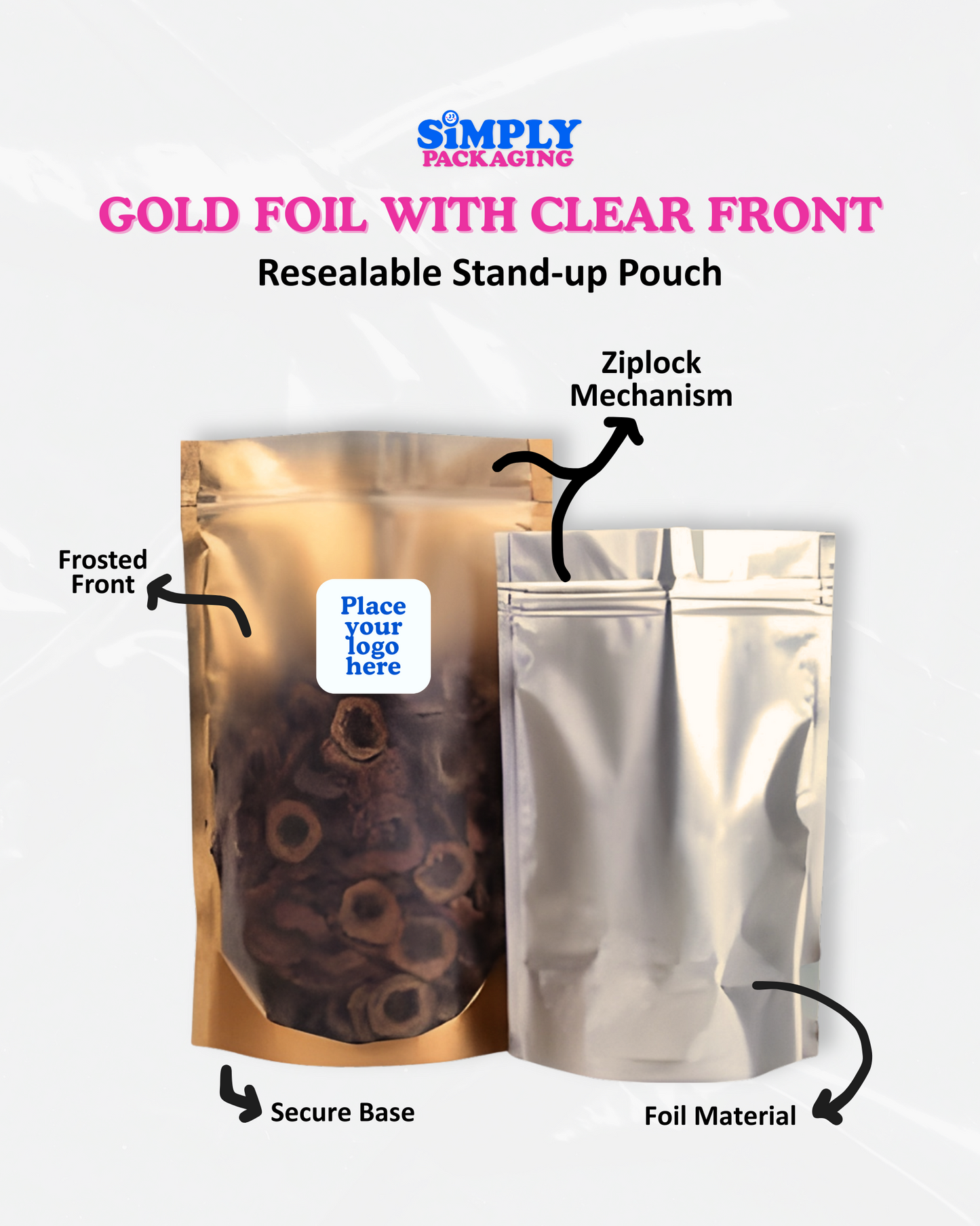 100PCS Gold Resealable Stand Up Pouch | Simply Packaging