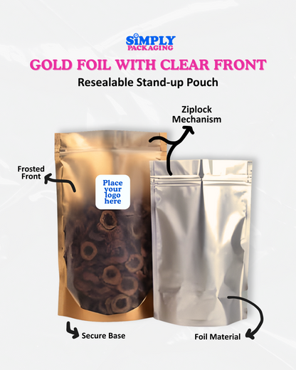 100PCS Gold Resealable Stand Up Pouch | Simply Packaging