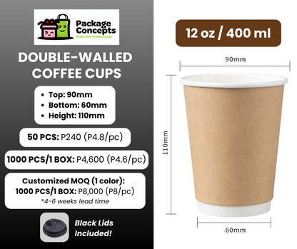 Double-Walled Kraft Coffee Cups with Black Lid | For Coffee, Matcha, Juice