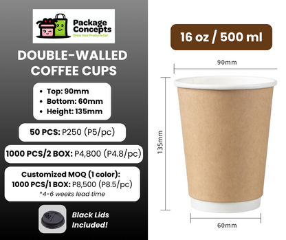 Double-Walled Kraft Coffee Cups with Black Lid | For Coffee, Matcha, Juice