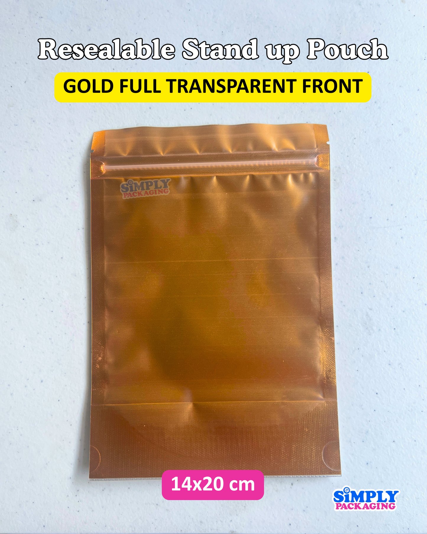 100PCS Gold Resealable Stand Up Pouch | Simply Packaging
