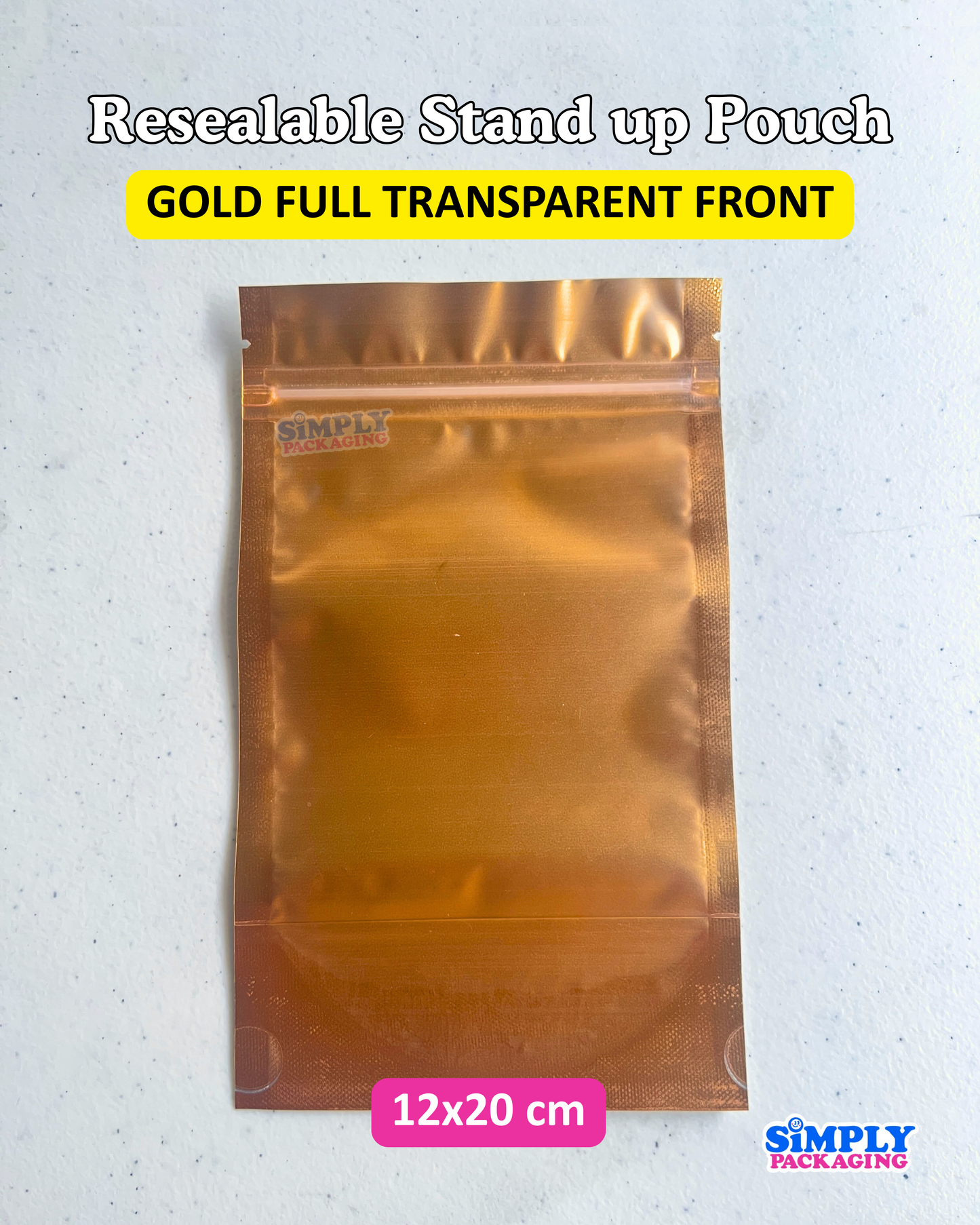 100PCS Gold Resealable Stand Up Pouch | Simply Packaging