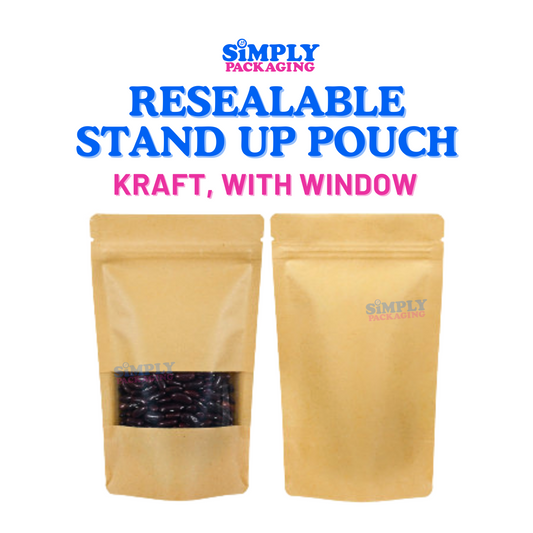 50PCS Kraft Resealable Stand Up Pouch with Window | Simply Packaging