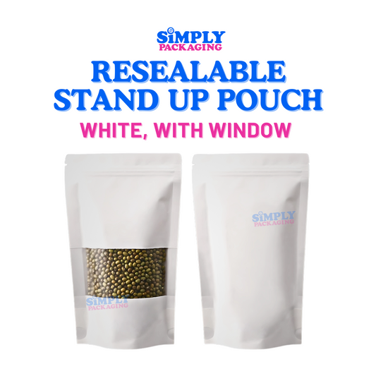 50PCS White Resealable Stand Up Pouch with Window | Simply Packaging