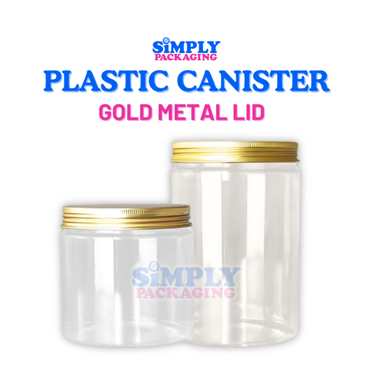 Plastic Canister with Gold Aluminum Lid | Simply Packaging