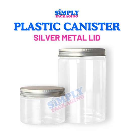 Plastic Canister with Silver Aluminum Lid | Simply Packaging
