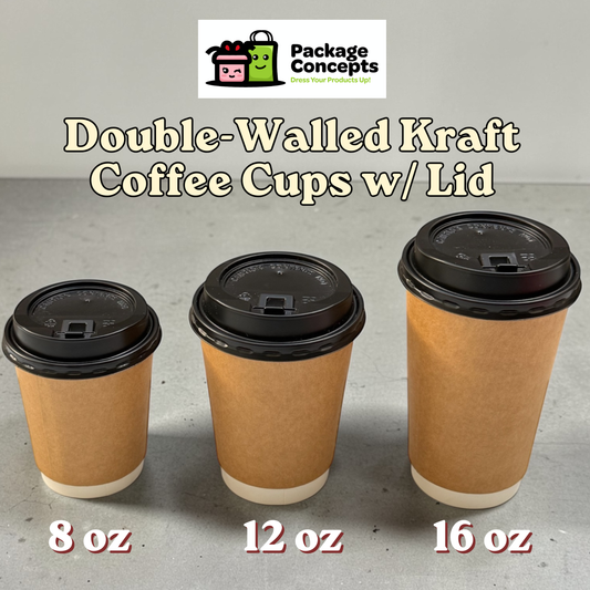 Double-Walled Kraft Coffee Cups with Black Lid | For Coffee, Matcha, Juice