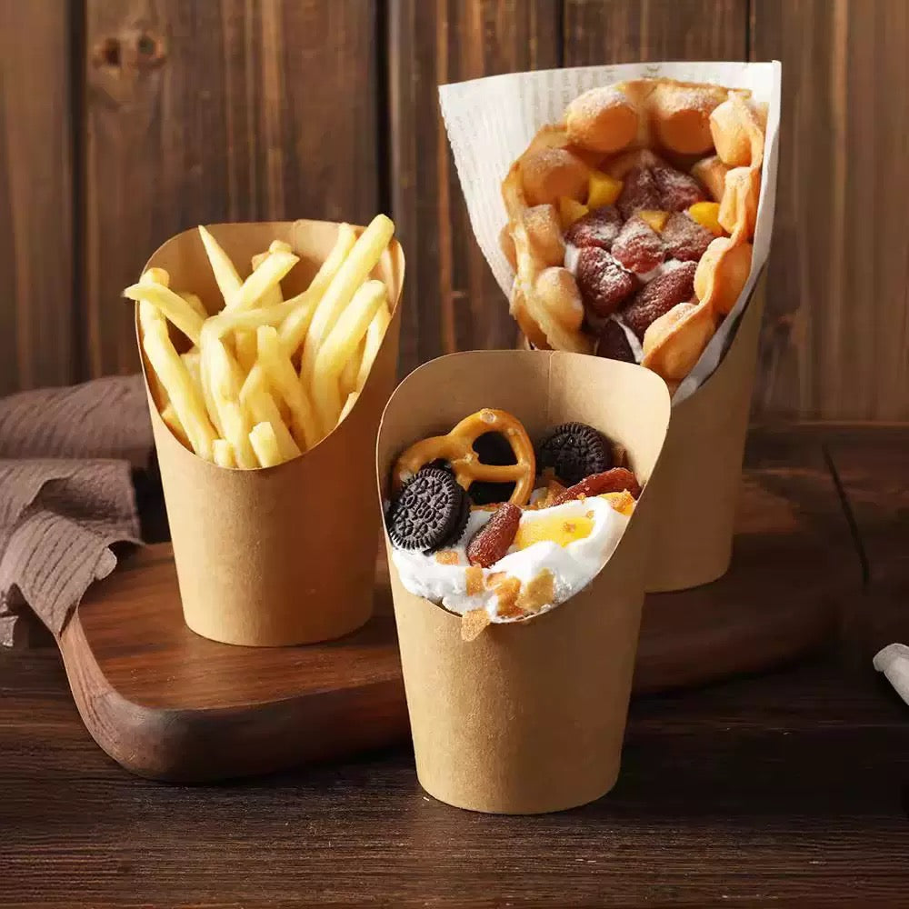 [50PCS] Food Spout Cup | 12oz 14oz Kraft White | Fries Popcorn Waffle Snack Holder