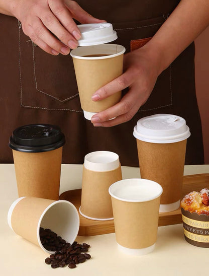Double-Walled Kraft Coffee Cups with Black Lid | For Coffee, Matcha, Juice