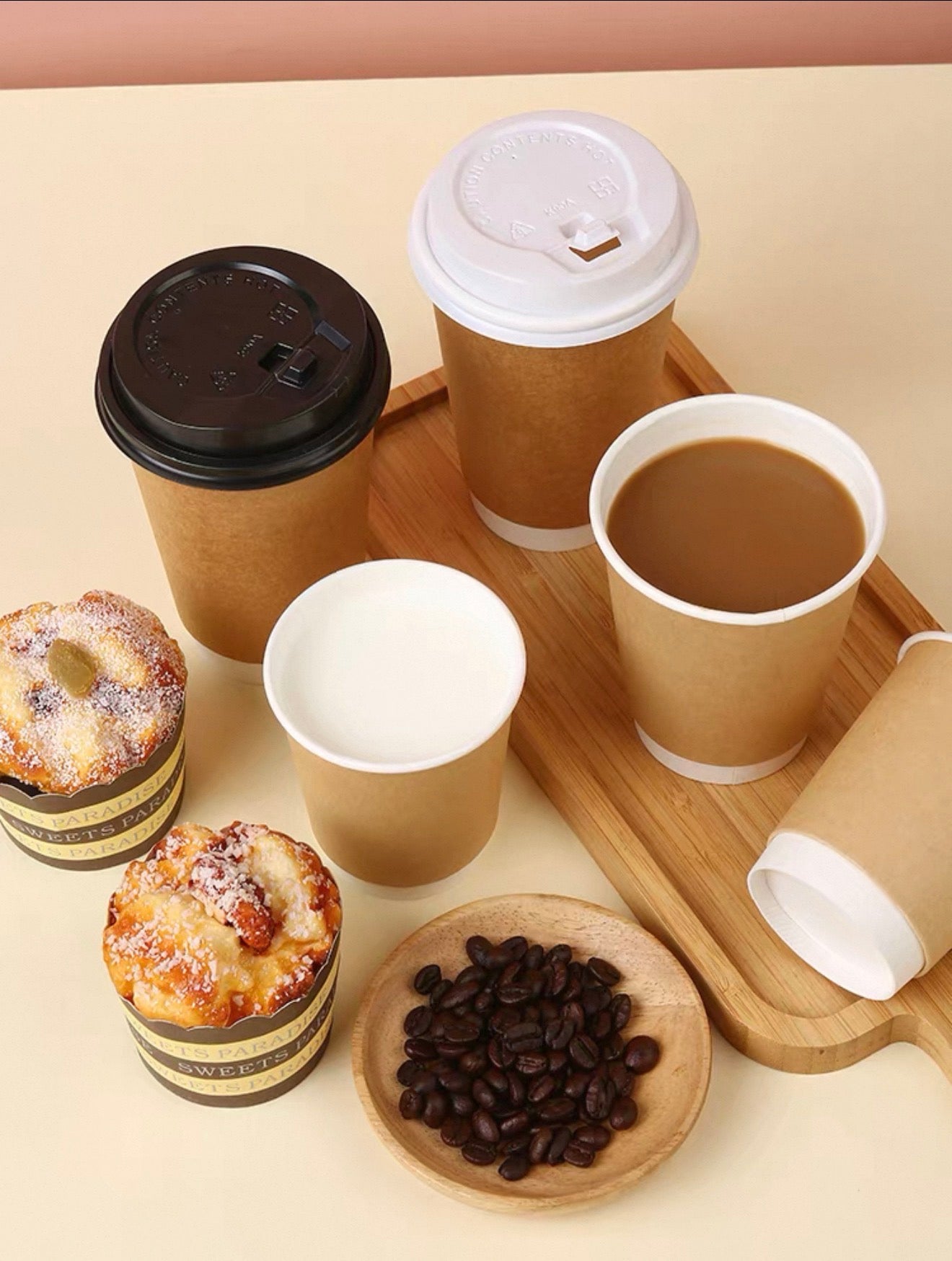 Double-Walled Kraft Coffee Cups with Black Lid | For Coffee, Matcha, Juice