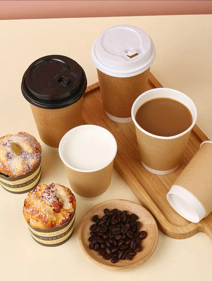 Double-Walled Kraft Coffee Cups with Black Lid | For Coffee, Matcha, Juice
