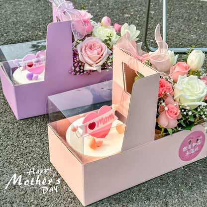 Corrugated Carrier for Cake and Flower Gift Set | Mothers Day Valentines Gift Anniversary