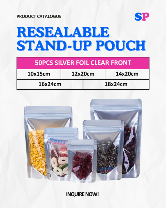 50pcs Silver Resealable Stand Up Pouch | Simply Packaging