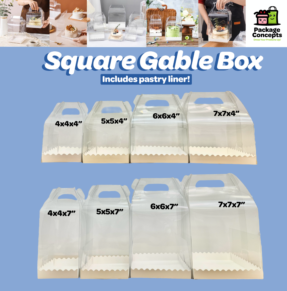 [SQUARE] Acetate Gable Box with Handle & Liner | For Mini Cakes & Pastries